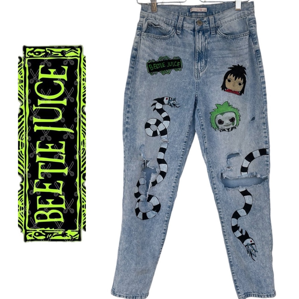 Hand Painted Beetlejuice Curvy Mom Distressed Jeans
